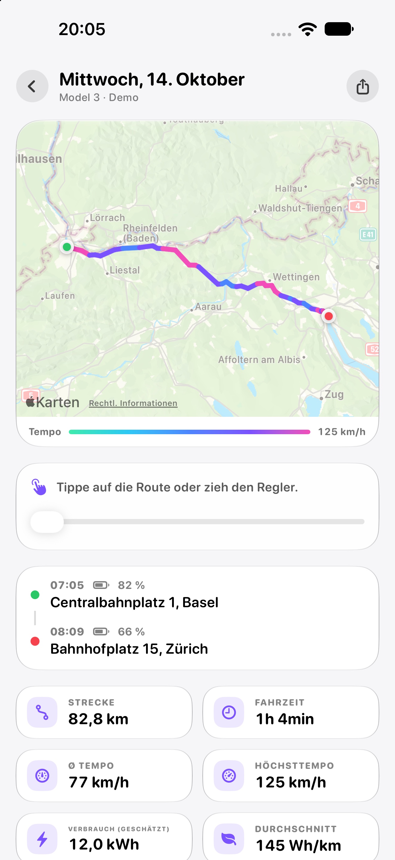 Route, start and destination — German iOS example with simulated trips. Appearance varies by platform.