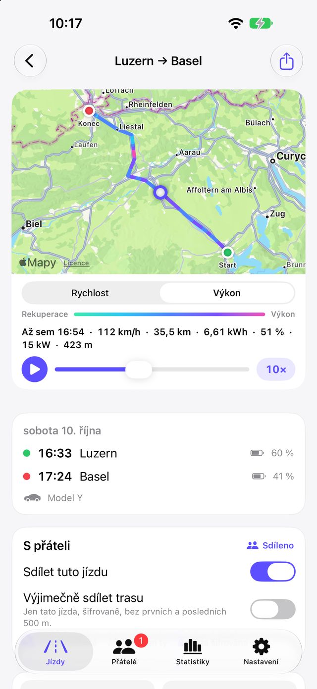 Jízda v Tespit Social s obarvenou trasou na mapě