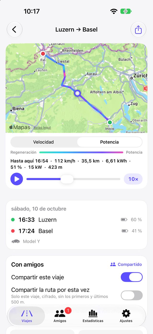 Un viaje en Tespit Social con la ruta coloreada en el mapa