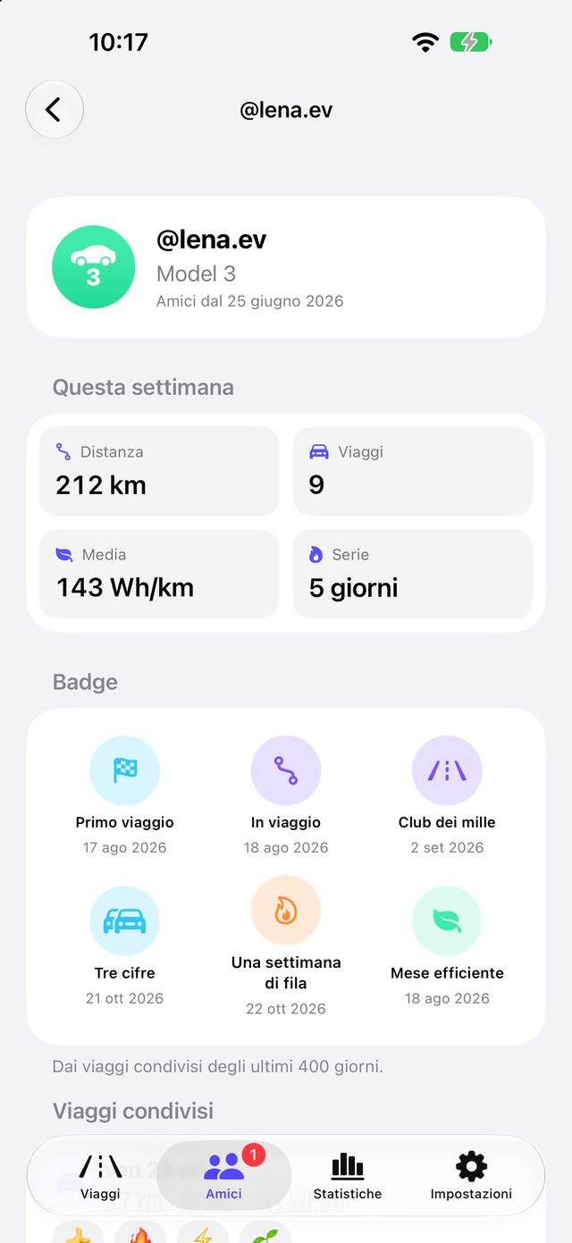 Profilo di un amico con numeri settimanali e viaggi condivisi