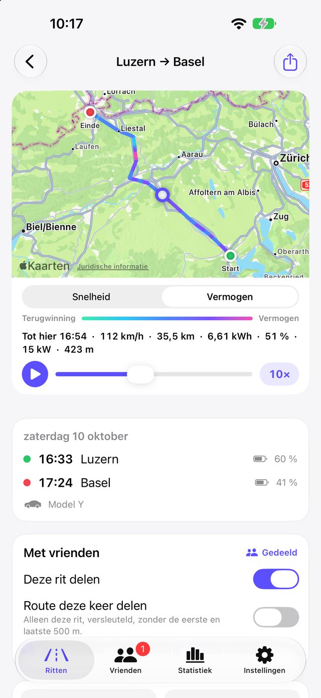 Een rit in Tespit Social met de ingekleurde route op de kaart