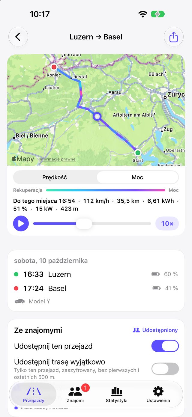 Przejazd w Tespit Social z pokolorowaną trasą na mapie