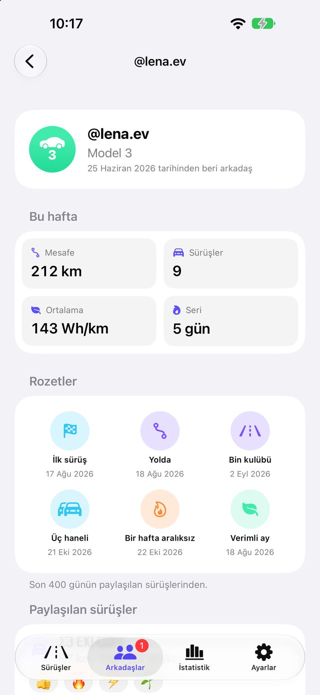 Haftalık değerleri ve paylaşılan sürüşleri olan bir arkadaşın profili