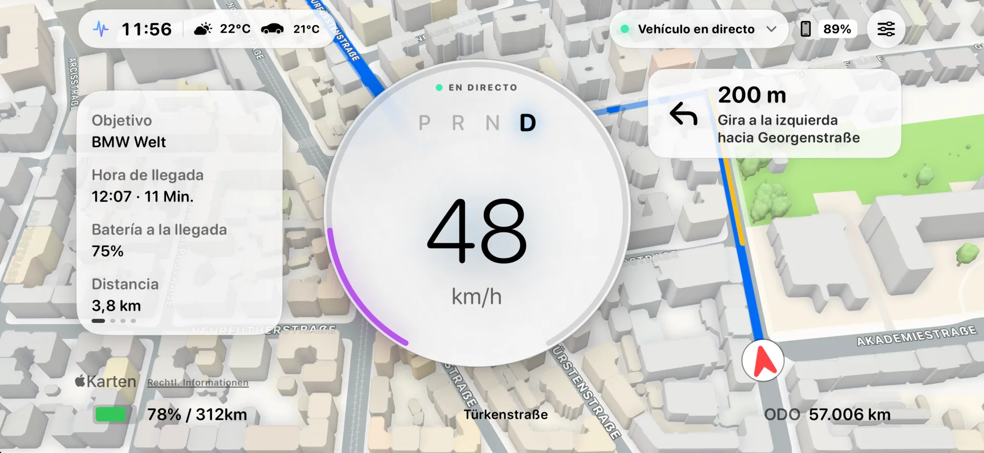 Cockpit estándar de Tespit con navegación, velocidad y multimedia.